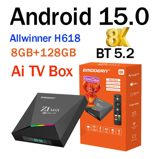 TV Box Z1 Max Ai Smart Android 15 HD 8K 4K BT5.2 Allwinner H618 Quad Core 5G 4G Wifi6 Voice Assistant OpenClaw Player 8GB 128GB